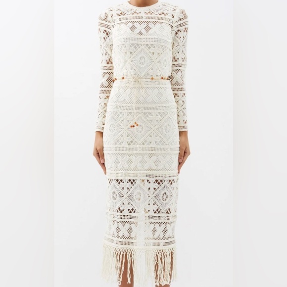 ZIMMERMANN Cira Ivory Ribbon Lace Tassel Midi Belted Dress sz 1 NWT 950$ - Picture 5 of 15